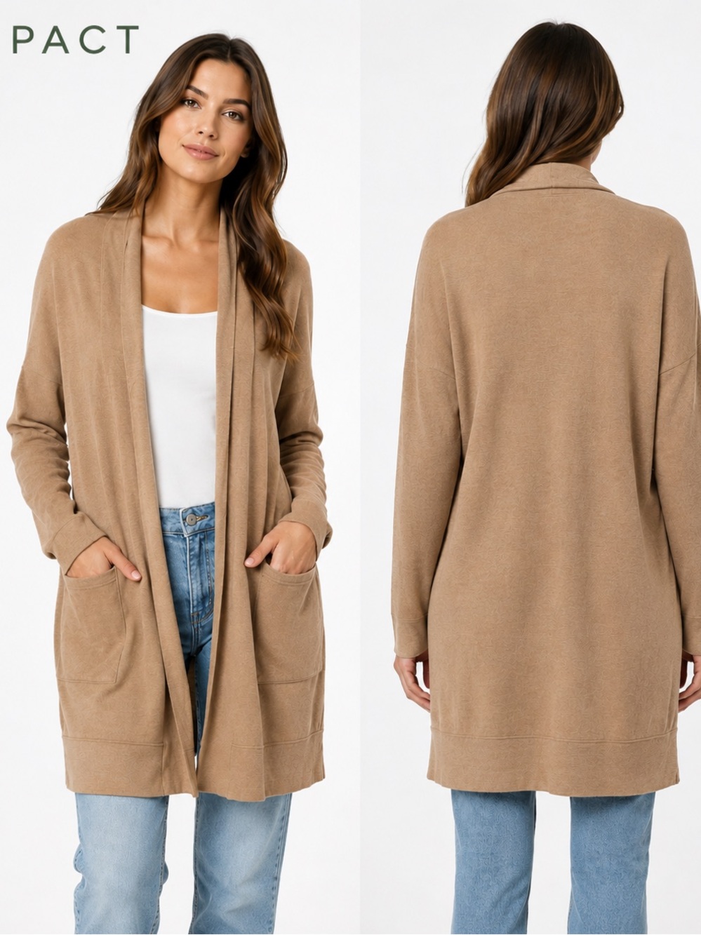 Pact Organic Cotton Long Open Front Cardigan Sweater Tan XS Oversized Pockets
